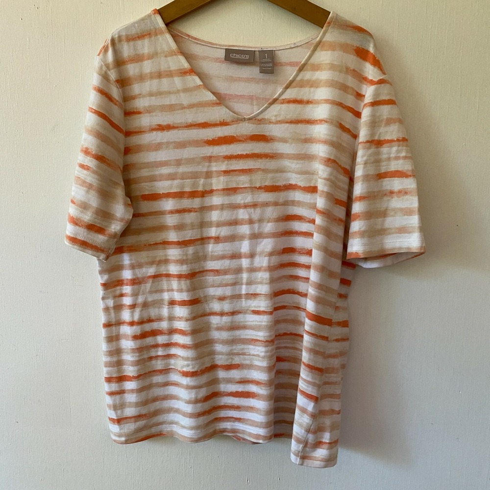 Chicos V-neck T-shirt Womens Medium Pink Striped Half Sleeves Chicos 1‎ Basic